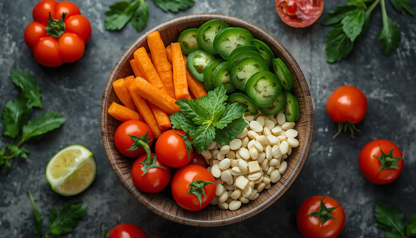 Colourful balanced meal bowl with fresh vegetables representing steady daytime nutrition