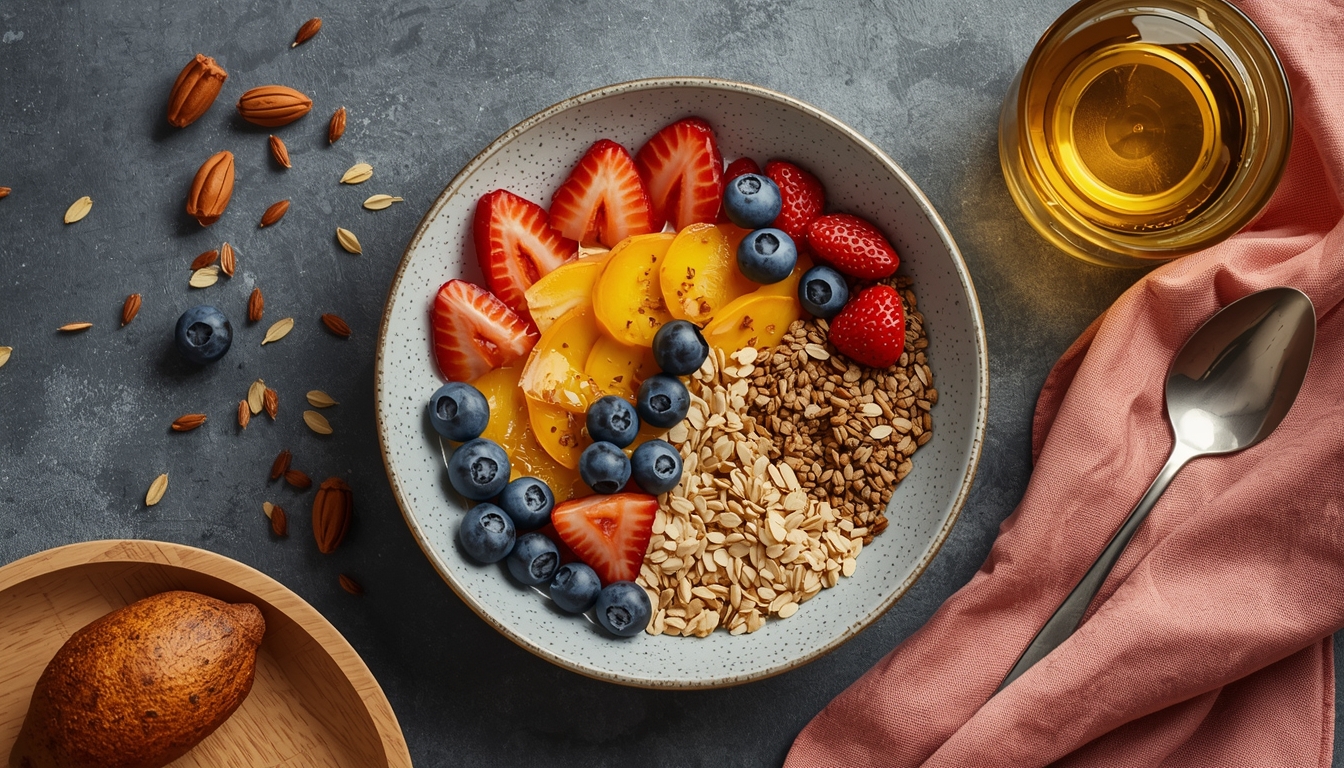Morning breakfast bowl with grains and fruit illustrating an early day anchor meal