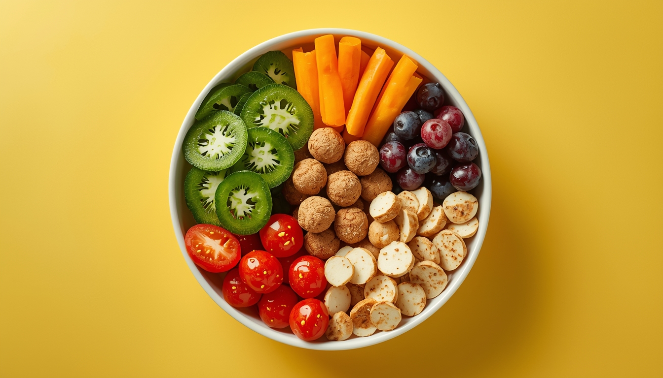 Vibrant vegetable bowl showing colourful snacks for structured daytime fuel